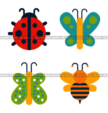 Insects collection of creatures, ladybug and butterfly with colorful wings, bee with antenna, set vector illustration isolated on white background. Insects Collection Creatures Vector Illustration. Стоковая иллюстрация, агентство Ingram Publishing / Фотобанк Лори