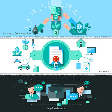 Insurance Banners Set.  Insurance horizontal banners set with compensation symbols flat isolated vector illustration . Стоковая иллюстрация, агентство Ingram Publishing / Фотобанк Лори