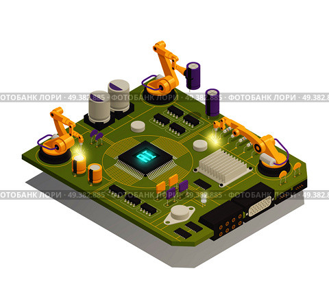 Intelligent manufacturing isometric composition with robotic hands assembling semiconductor electronic components on printed circuit board vector illustration . Semiconductor Electronic Components Isometric Composition . Стоковая иллюстрация, агентство Ingram Publishing / Фотобанк Лори
