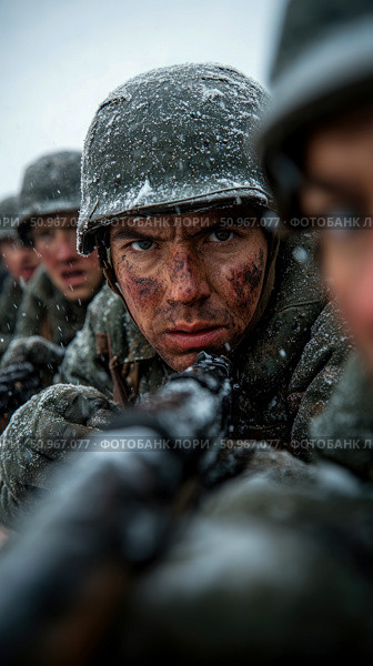 Intense portrait of a dedicated soldier in snowy, muddy conditions, aiming his weapon with fierce resolve for a powerful war drama. Стоковое AI-изображение, AI-художник Данила Большаков / Фотобанк Лори