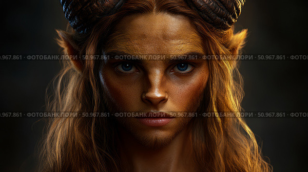 Intense portrait of a mythical horned creature, a faun or satyr with captivating blue eyes and flowing brown hair, ideal for a book cover or dramatic art. Стоковое AI-изображение, AI-художник Данила Большаков / Фотобанк Лори