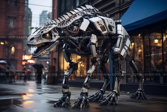 Interactive Robotic dinosaur urban street square. Generate Ai. Стоковое AI-изображение, AI-художник Иван Рябоконь / Фотобанк Лори