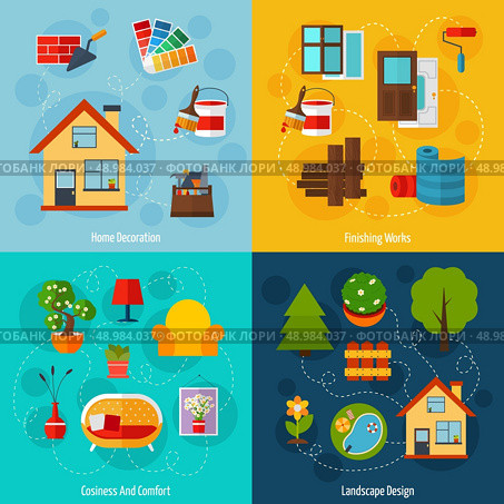Interior design concept set with home decoration finishing works cosiness comfort and landscape flat icons isolated vector illustration. Стоковая иллюстрация, агентство Ingram Publishing / Фотобанк Лори