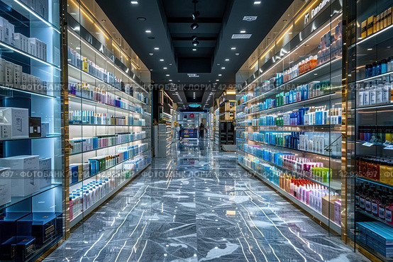 Interior interior of a modern cosmetics store with rows of neatly organized products displayed on illuminated shelves. The interior features clean lines, shiny marble floors with reflections and stylish lighting that creates a subdued atmosphere. The store appears spacious and empty, reinforcing the feeling of exclusivity and high quality of the products on offer. Стоковое AI-изображение, AI-художник Анна Кривицкая / Фотобанк Лори