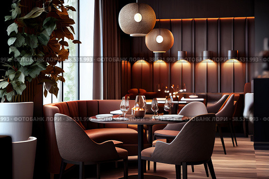Interior of a classic cozy restaurant. Стоковое AI-изображение, AI-художник Евгений Ткачёв / Фотобанк Лори