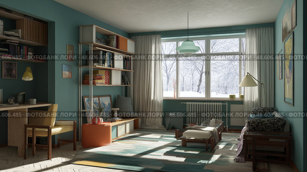 Interior of a cozy room in constructivist style. Стоковое AI-изображение, AI-художник ALLA YURTAYEVA / Фотобанк Лори
