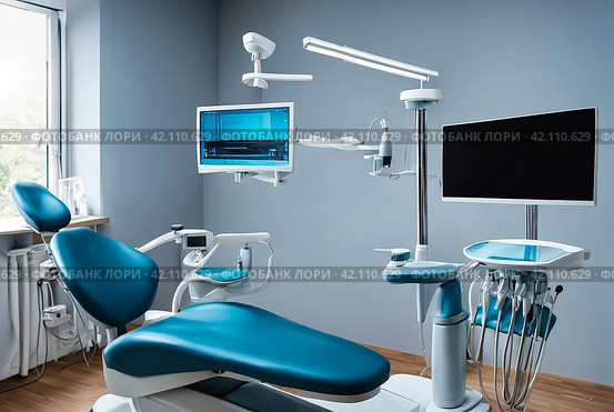 Interior of dental equipment in dentist room in new modern stomatological clinic office. Background of dental chair and accessories used by dentists in blue color. Copy space, text place. Стоковое AI-изображение, AI-художник Aleksandr Golubev / Фотобанк Лори