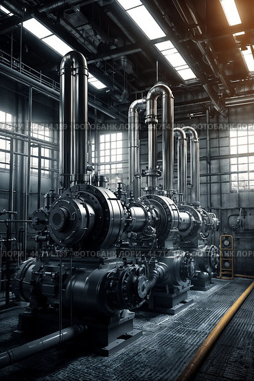 Interior of industrial engine room with modern powerful pipelines, automatic control systems. Industry pumps in an technical room with water pump, valves, pressure gauges, motors. Copy ad text space. Стоковое AI-изображение, AI-художник Aleksandr Golubev / Фотобанк Лори