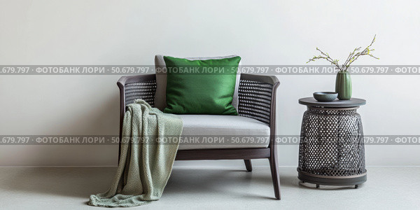 Interior of living room. Gray armchair, green pillow, coffee table and beige wall. Velour Chair against light wall, wooden floor, parquet. Home improvement. Beautiful luxurious modern room settings. Стоковое AI-изображение, AI-художник Марина Демидюк / Фотобанк Лори