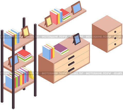 Interior of living room in modern style. Wooden bedside table, bookcase with books and shelf with pictures on white background. Empty premise with furnishings for design, apartment equipment elements. Interior of living room in modern style. Wooden bedside table, bookcase and shelf with pictures. Стоковая иллюстрация, агентство Ingram Publishing / Фотобанк Лори