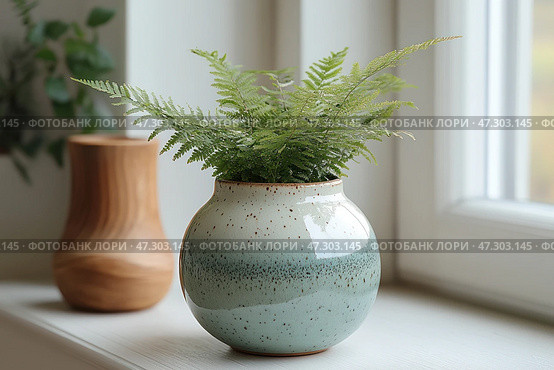 Interior still life with a ceramic pot with a green fern growing in it. The pot has a rounded shape and is covered with a glaze with a gradient from white to soft green with small specks, creating a handmade effect. The plant looks fresh, its delicate leaves spread out beautifully to the sides. A wooden vessel and blurred vegetation are visible in the background, and the composition itself is located on a windowsill near the window, which gives the scene soft natural lighting. The overall atmosphere conveys a sense of coziness, minimalism and closeness to nature. Стоковое AI-изображение, AI-художник Анна Кривицкая / Фотобанк Лори