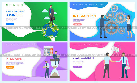 International business and planning web posters. Interaction and team building, cooperating together. Agreement, social networking of potential customers. International Business and Planning Web Posters. Стоковая иллюстрация, агентство Ingram Publishing / Фотобанк Лори