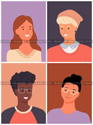 International people avatars, mix races young guys and girls, diverse nations, ethnicity, attractive blonde man in hat, smiling young girl, black african guy in glasses, brunette girl wear eyeglasses. International people avatars, mix races young guys and girls diverse nations, ethnicity, nationality. Стоковая иллюстрация, агентство Ingram Publishing / Фотобанк Лори