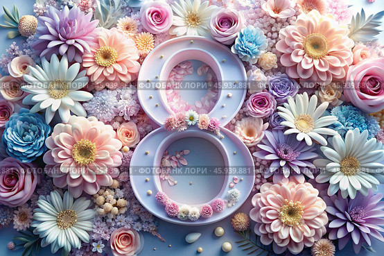 International Women's Day. Banner, flyer. Festive, delicate floral background in blue and pink tones with the number 8. Peony flowers, chrysanthemums, daisies with water droplets on the petals. Стоковое AI-изображение, AI-художник Photojuli / Фотобанк Лори