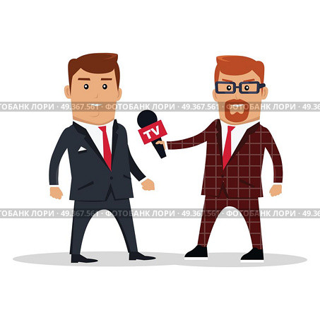 Interview on TV Concept Vector Illustration. Interview on TV vector illustration. Television live broadcast streaming news. Media characters. Reporter interviews live on experts, politicians, officials, businessman. Public statement. On white. Стоковая иллюстрация, агентство Ingram Publishing / Фотобанк Лори