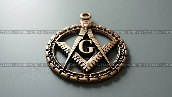 Intricate bronzed masonic emblem with letter g. Стоковое AI-изображение, AI-художник Андрей Бакусов / Фотобанк Лори
