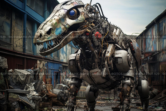 Intricate Robotic dinosaur urban street square. Generate Ai. Стоковое AI-изображение, AI-художник Иван Рябоконь / Фотобанк Лори