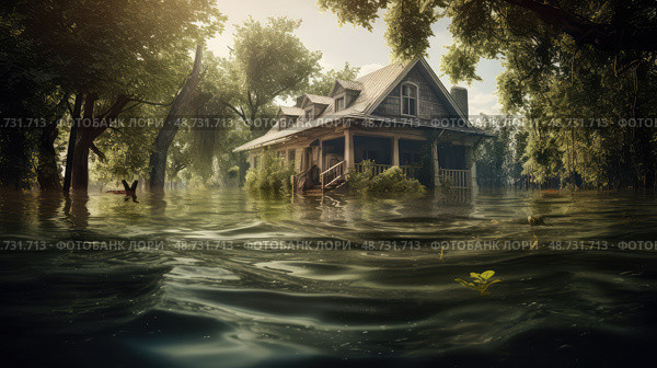 inundation house under water ai generated. Стоковое AI-изображение, AI-художник Vectorwin / Фотобанк Лори