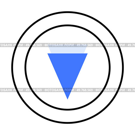 Inverted blue triangle inside concentric black rings. Ideal for geometric designs, modern minimalism, technological themes, branding, digital interfaces. Simple, clean, vector style.. Blue Inverted Triangle Within Nested Circular Rings on White Background. Стоковая иллюстрация, агентство Ingram Publishing / Фотобанк Лори