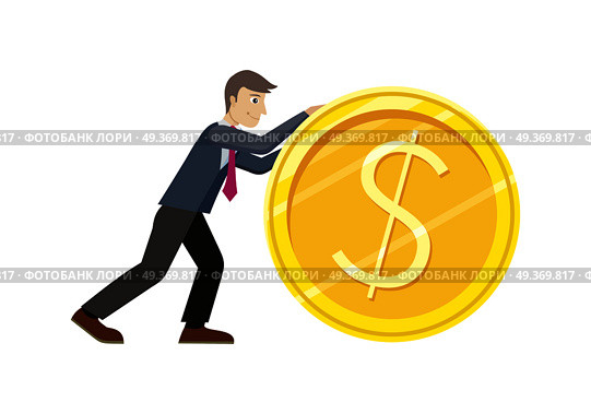 Investment concept flat style vector. Smiling businessman rolls giant gold dollar coin. Increasing capital and profits. Income, investing, loan, savings, wages illustration for business concepts.. Investment Concept Flat Style Vector Illustration. Стоковая иллюстрация, агентство Ingram Publishing / Фотобанк Лори
