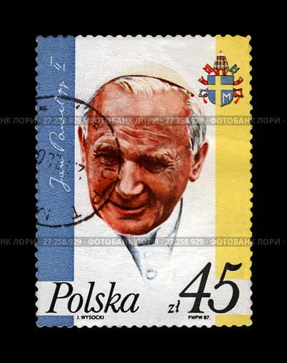Иоанн Павел II (Папа Римский), почтовая марка Польши (выпущена в 1987 г.) Стоковое фото, фотограф FMRU / Фотобанк Лори