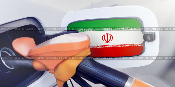 Iran flag on the lid of the gas tank of a car at a gas station in close-up. High or low gasoline prices at Iranian gas stations. gasoline prices are rising due to a shortage of diesel fuel. Стоковое фото, фотограф Владимир Разгуляев / Фотобанк Лори