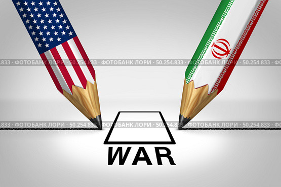 Iranian american war crisis as US military war tension conflict or United States middle east imminent threat risk concept as a security problem due to armed confrontation or economic sanctions with 3D illustration elements. Стоковое фото, агентство Ingram Publishing / Фотобанк Лори