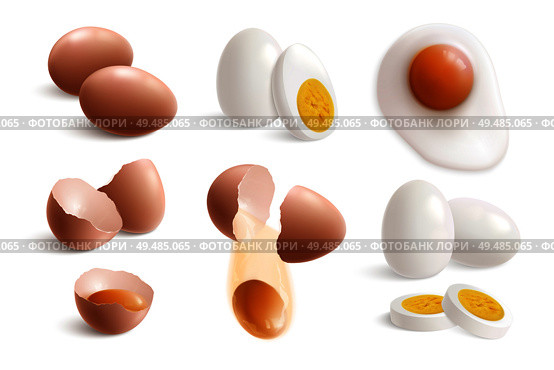 Isolated hen eggs realistic icon set with boiled fried eggs eggshell and yolks vector illustration. Стоковая иллюстрация, агентство Ingram Publishing / Фотобанк Лори