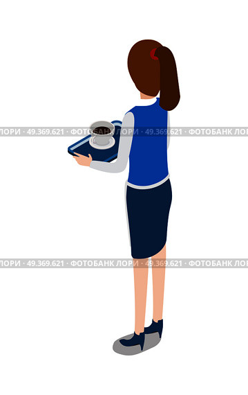 Isolated turned waitress with tray in hands. Cup of black coffee and plate on salver. Waitress wearing dark blue skirt and white shirt. Full length picture of female worker. Flat design. Vector.. Restaurant. Turned Waitress with Tray in Hands. Стоковая иллюстрация, агентство Ingram Publishing / Фотобанк Лори