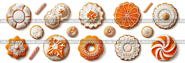 Isolated white background with traditional Christmas cookies with ornaments. Sweet joy. Стоковое AI-изображение, AI-художник Ярославский Максим / Фотобанк Лори
