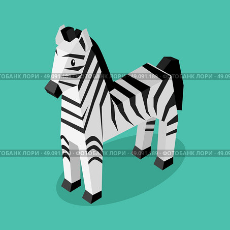 Isomeric animal zebra isolated. Beautiful animals in an isometric style of a 3d zebra with a striped pattern isolated on background, rare unusual creature standing a single. Vector illustration. Стоковая иллюстрация, агентство Ingram Publishing / Фотобанк Лори