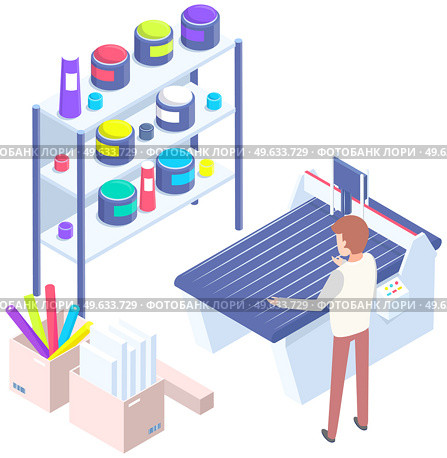 Isometric factory printer. People working with equipment and shelving with paints. Office or production technique. Technology for printing. Technique, printer, printing machine vector illustration. People working with equipment and shelving with paints. Office technique vector illustration. Стоковая иллюстрация, агентство Ingram Publishing / Фотобанк Лори