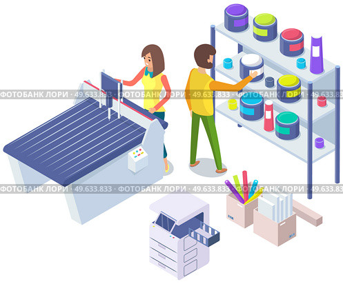 Isometric factory printer. People working with equipment and shelving with paints. Office or production technique. Technology for printing. Technique, printer, printing machine vector illustration. People working with equipment and shelving with paints. Office technique vector illustration. Стоковая иллюстрация, агентство Ingram Publishing / Фотобанк Лори