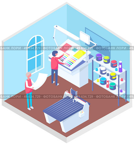 Isometric factory printer. People working with equipment and shelving with paints. Office or production technique. Technology for printing. Technique, printer, printing machine vector illustration. People working with equipment and shelving with paints. Office technique vector illustration. Стоковая иллюстрация, агентство Ingram Publishing / Фотобанк Лори