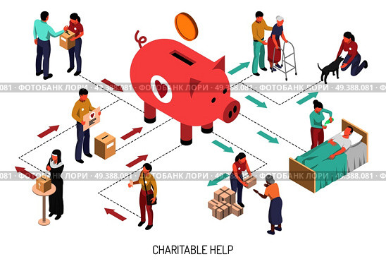 Isometric flowchart with volunteers providing charitable help to people and animals 3d vector illustration. Volunteers Isometric Flowchart. Стоковая иллюстрация, агентство Ingram Publishing / Фотобанк Лори