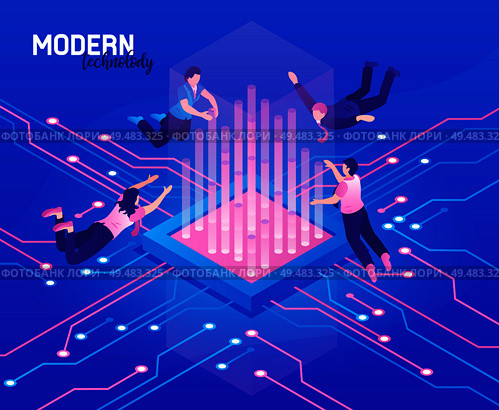 Isometric high technology abstract background in blue and pink color with levitating people 3d vector illustration. Стоковая иллюстрация, агентство Ingram Publishing / Фотобанк Лори
