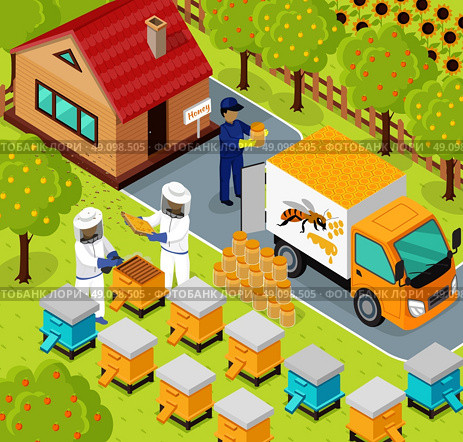 Isometric honey bee apiary with beekeeper design flat. 3D Beekeeping work, sweet honey, farm natural honey, 3d beekeeper collect eco honey, bee fly for honey on apiary, beemaster job, collect honey. Стоковая иллюстрация, агентство Ingram Publishing / Фотобанк Лори