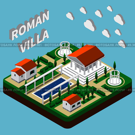 Isometric house composition with cumbersome clouds text and images of pantheon style buildings with park grounds vector illustration. Roman Villa Isometric Composition. Стоковая иллюстрация, агентство Ingram Publishing / Фотобанк Лори