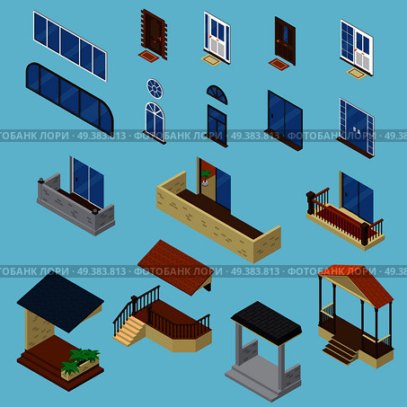 Isometric house constructor elements collection with isolated images of glossy windows doors balcony and stoop vector illustration. House Isometric Constructor Set. Стоковая иллюстрация, агентство Ingram Publishing / Фотобанк Лори