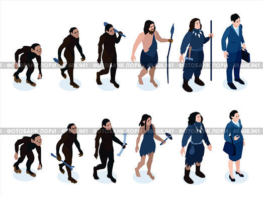Isometric human evolution color set with characters of neanderthal men and women with instruments of labour vector illustration. Isometric Human Evolution Set. Стоковая иллюстрация, агентство Ingram Publishing / Фотобанк Лори