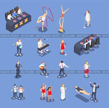 Isometric icons set with performing talent show contestants and judges isolated on blue background 3d vector illustration. Стоковая иллюстрация, агентство Ingram Publishing / Фотобанк Лори