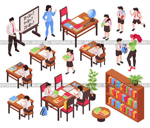 Isometric junior school set of isolated pieces of classroom furniture and human characters of teachers and schoolchildren vector illustration. Стоковая иллюстрация, агентство Ingram Publishing / Фотобанк Лори