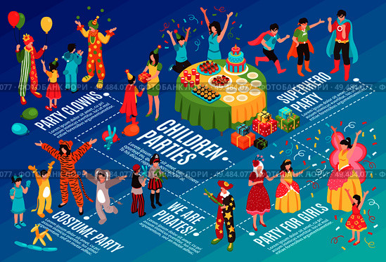 Isometric kids animator horizontal flowchart composition with isolated images of party people children and text captions vector illustration. Стоковая иллюстрация, агентство Ingram Publishing / Фотобанк Лори