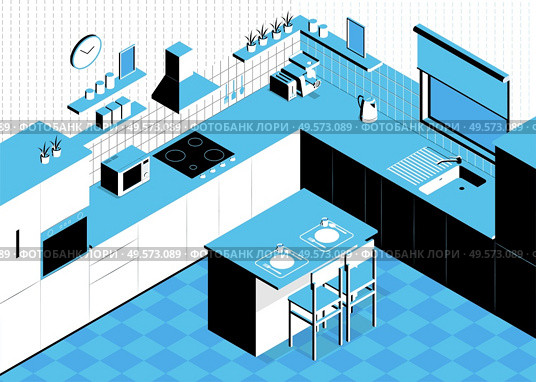 Isometric kitchen composition with indoor scenery table and walls with cabinets and kitchenware sink and oven vector illustration. Стоковая иллюстрация, агентство Ingram Publishing / Фотобанк Лори