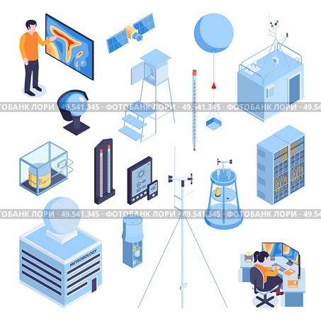 Isometric meteorological weather center forecasters set with icons and images of synoptic equipment on blank background vector illustration. Стоковая иллюстрация, агентство Ingram Publishing / Фотобанк Лори
