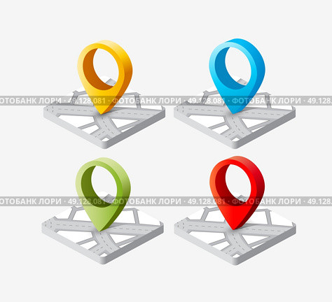 Isometric pin icon on the navigation map for positioning travel and transport. Isometric pin icon. Стоковая иллюстрация, агентство Ingram Publishing / Фотобанк Лори