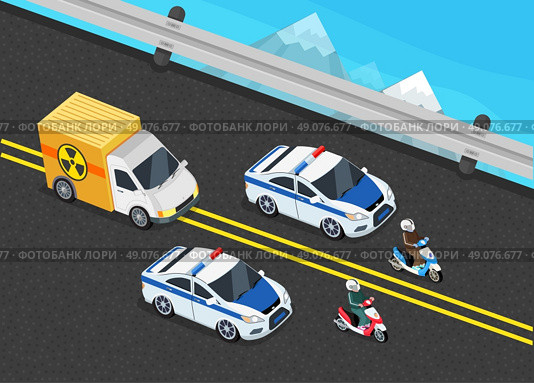 Isometric police motorcade car important toxic load. 3D Police guard, delivery escort, 3d policeman motorcycle, cortege car, toxic safety chemical, truck delivery danger, police storage hazardous. Стоковая иллюстрация, агентство Ingram Publishing / Фотобанк Лори