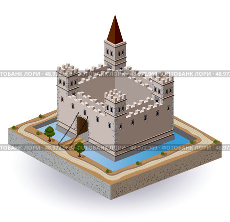 Isometric projection of the vector of a medieval castle with a moat and gate. Стоковая иллюстрация, агентство Ingram Publishing / Фотобанк Лори