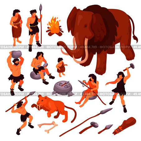 Isometric set of icons with primitive people their weapons and ancient animals isolated on white background 3d vector illustration. Стоковая иллюстрация, агентство Ingram Publishing / Фотобанк Лори