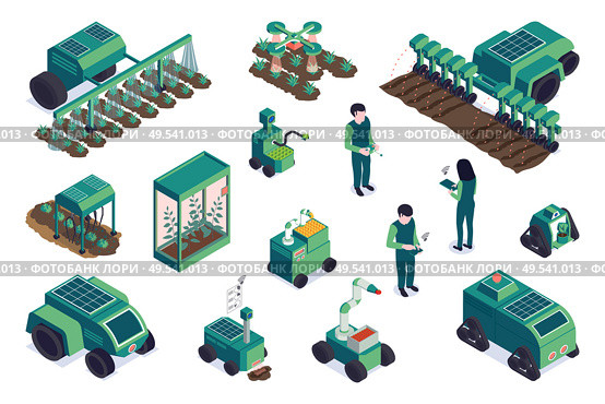 Isometric smart farm set with isolated human characters tractors and robotic rural machinery on blank background vector illustration. Стоковая иллюстрация, агентство Ingram Publishing / Фотобанк Лори
